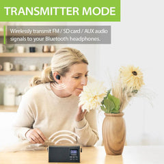 SoundByte T Portable FM Radio with Bluetooth, featuring Bluetooth transmitter, SD card playback, and AUX wireless streaming to headphones