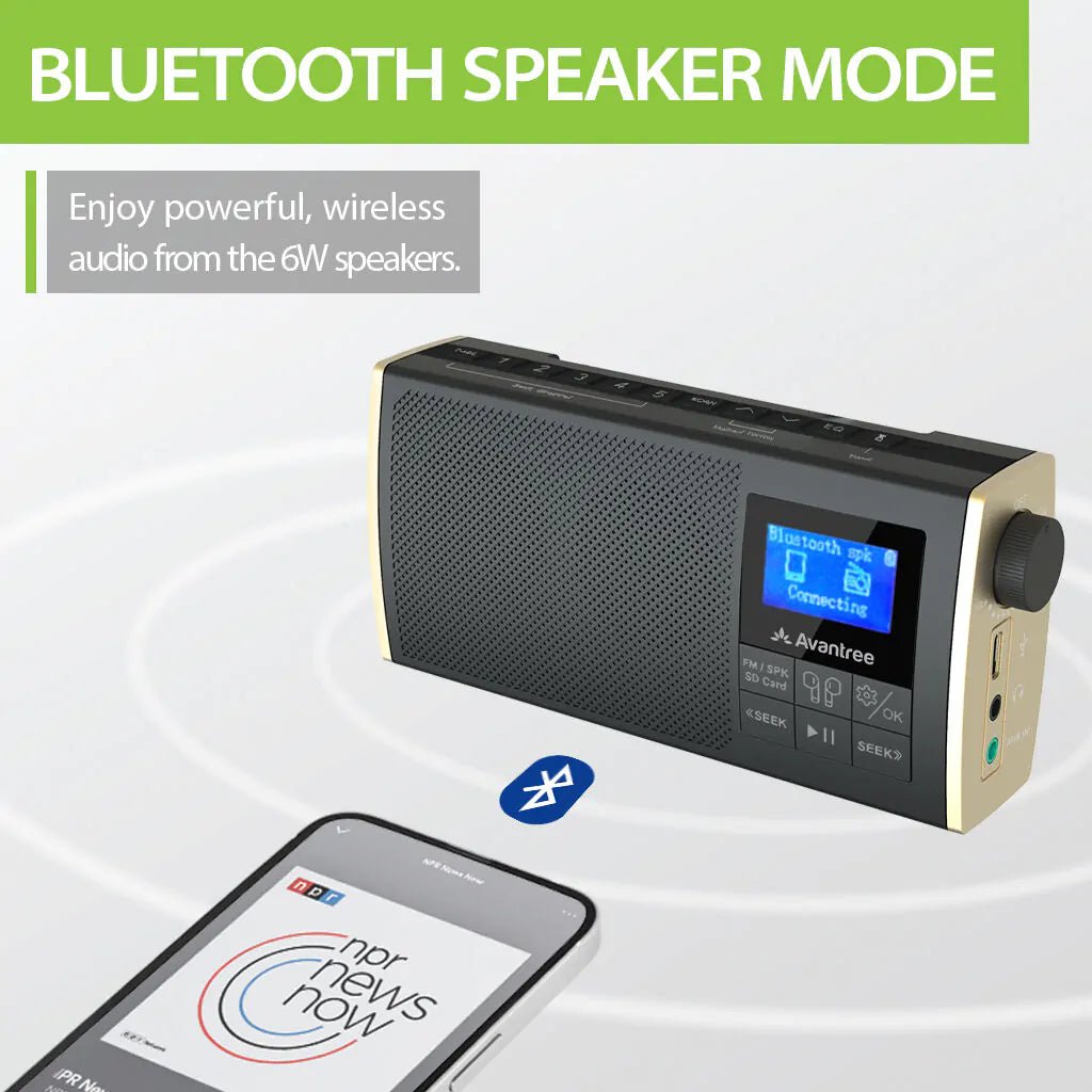 SoundByte T Portable FM Radio with Bluetooth featuring powerful 6W speakers, three EQ modes, and portable wireless listening.