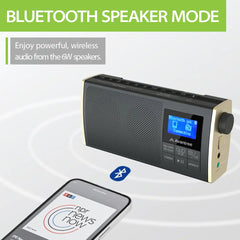 SoundByte T Portable FM Radio with Bluetooth featuring powerful 6W speakers, three EQ modes, and portable wireless listening.