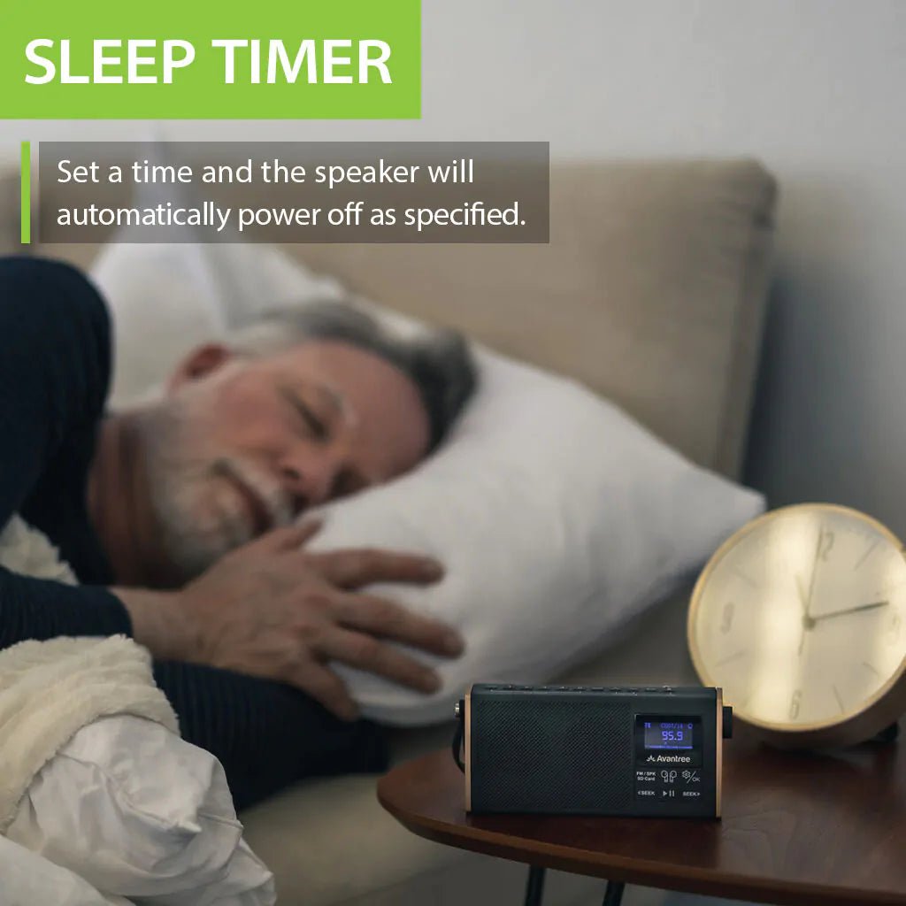 SoundByte T Portable FM Radio with Bluetooth featuring sleep timer for automatic power-off and convenient everyday listening.
