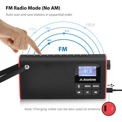 SP850 Portable Radio with Bluetooth Speaker, numeric tuning, auto-scan, and charging cable used as an FM antenna.