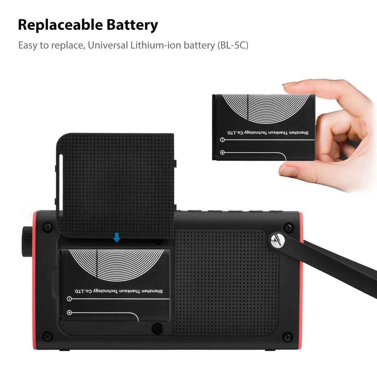 SP850 Portable Radio with Bluetooth Speaker, rechargeable and replaceable battery with USB charging for extended listening.
