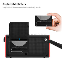 SP850 Portable Radio with Bluetooth Speaker, rechargeable and replaceable battery with USB charging for extended listening.

