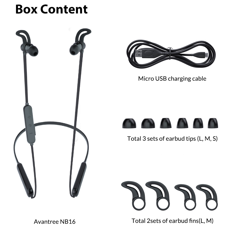 NB16 Bluetooth Neckband Headphones, includes earbuds, ear tips, fins, and a USB charging cable.