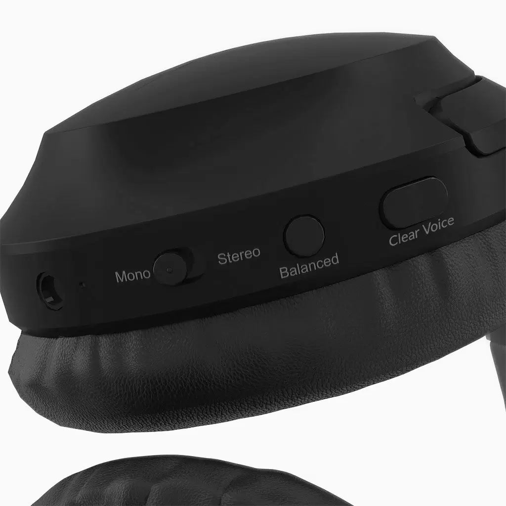 Duet Dual Wireless Headphones for TV, 2.4G connection, featuring Balance, Clear Voice, Mono, and Stereo modes.