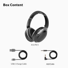 Aria Me S Bluetooth Headphones for Hearing Impaired include 1 headphone, charging cable and aux cable 
