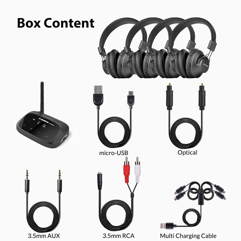 Quartet Wireless Broadcasting Set for Parties and Outdoor Activities, includes four headphones, one transmitter, and setup cables.