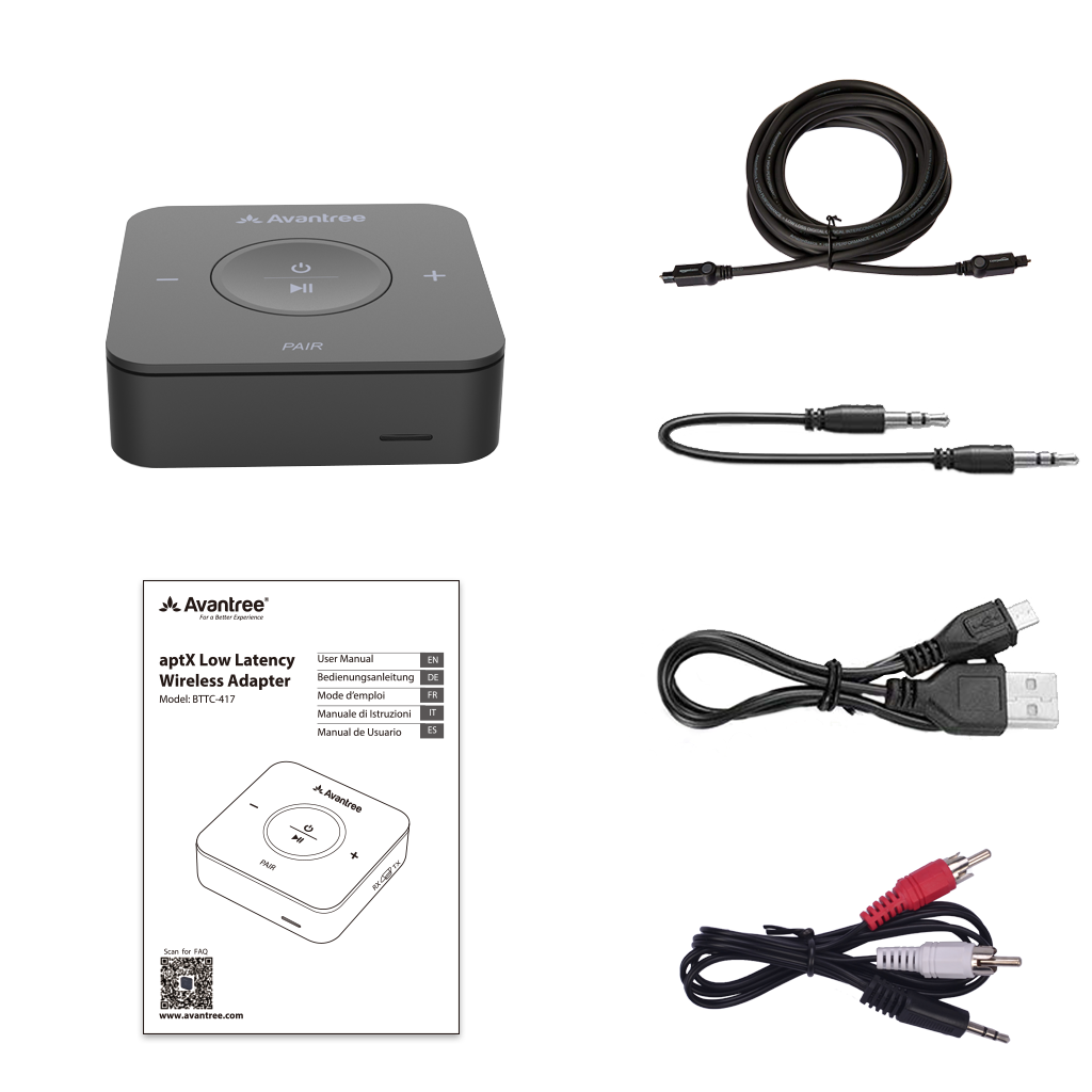 TC417 Portable Bluetooth Audio Transmitter & Receiver, includes optical, AUX, RCA, Micro USB cables, and user manual.