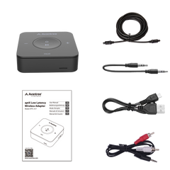 TC417 Portable Bluetooth Audio Transmitter & Receiver, includes optical, AUX, RCA, Micro USB cables, and user manual.