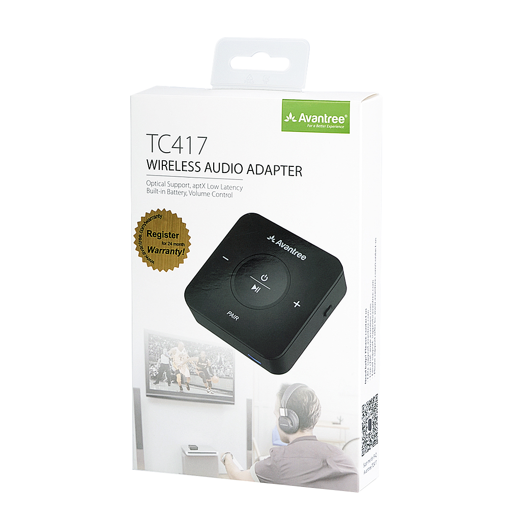 TC417 Portable Bluetooth Audio Transmitter & Receiver, includes optical, AUX, RCA, Micro USB cables, and user manual.