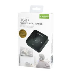 TC417 Portable Bluetooth Audio Transmitter & Receiver, includes optical, AUX, RCA, Micro USB cables, and user manual.