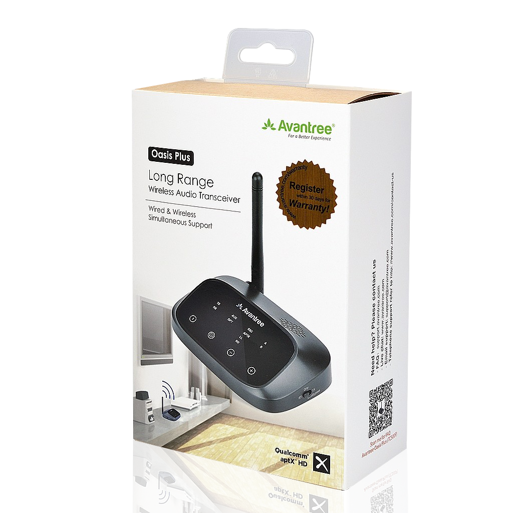 Oasis Plus Bluetooth Transmitter for TV, includes transmitter unit and audio accessories for easy setup.