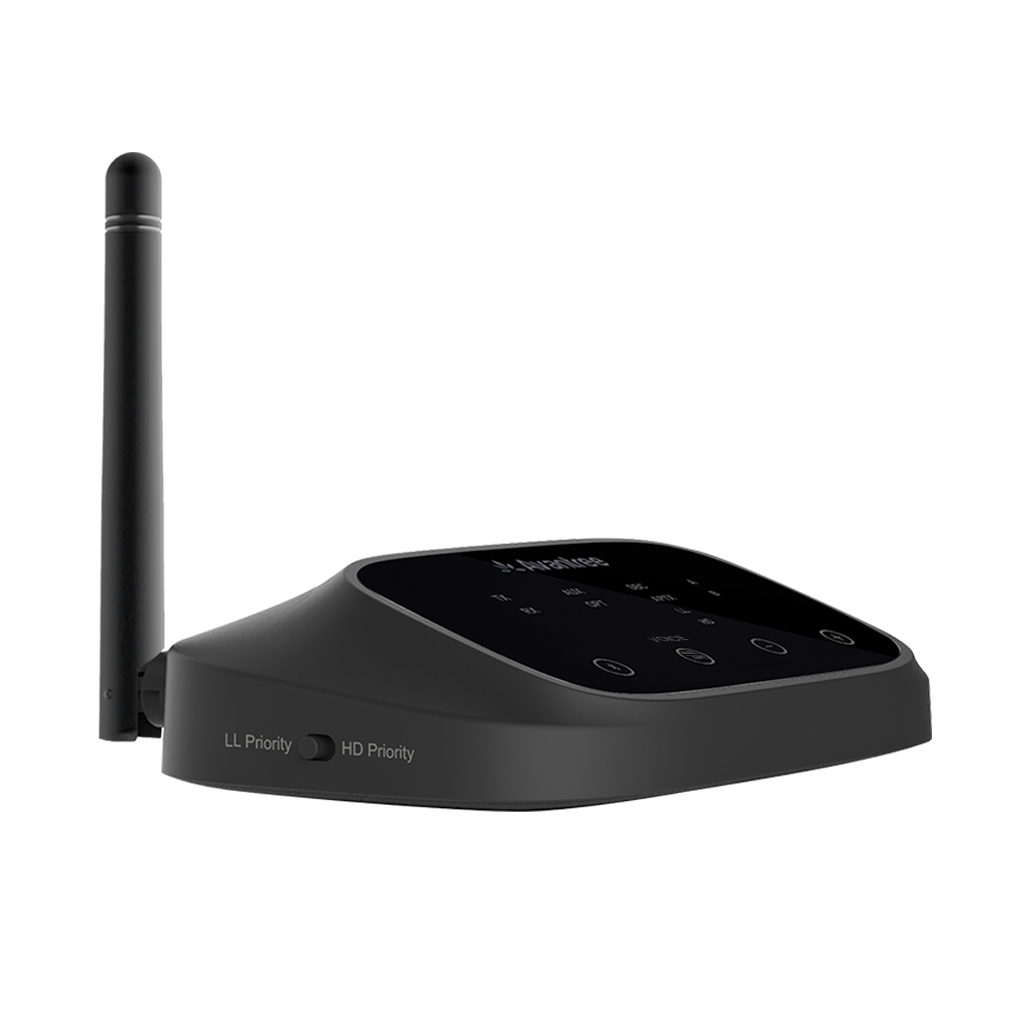 Oasis Plus Bluetooth Transmitter for TV, supports Low Latency and HD Priority modes for optimized audio performance.