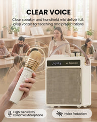 VoxAmp Duo Wireless Speaker with Dual Microphone for Class, karaoke, and small events, features high-sensitivity dynamic microphones with noise reduction for clear voice.