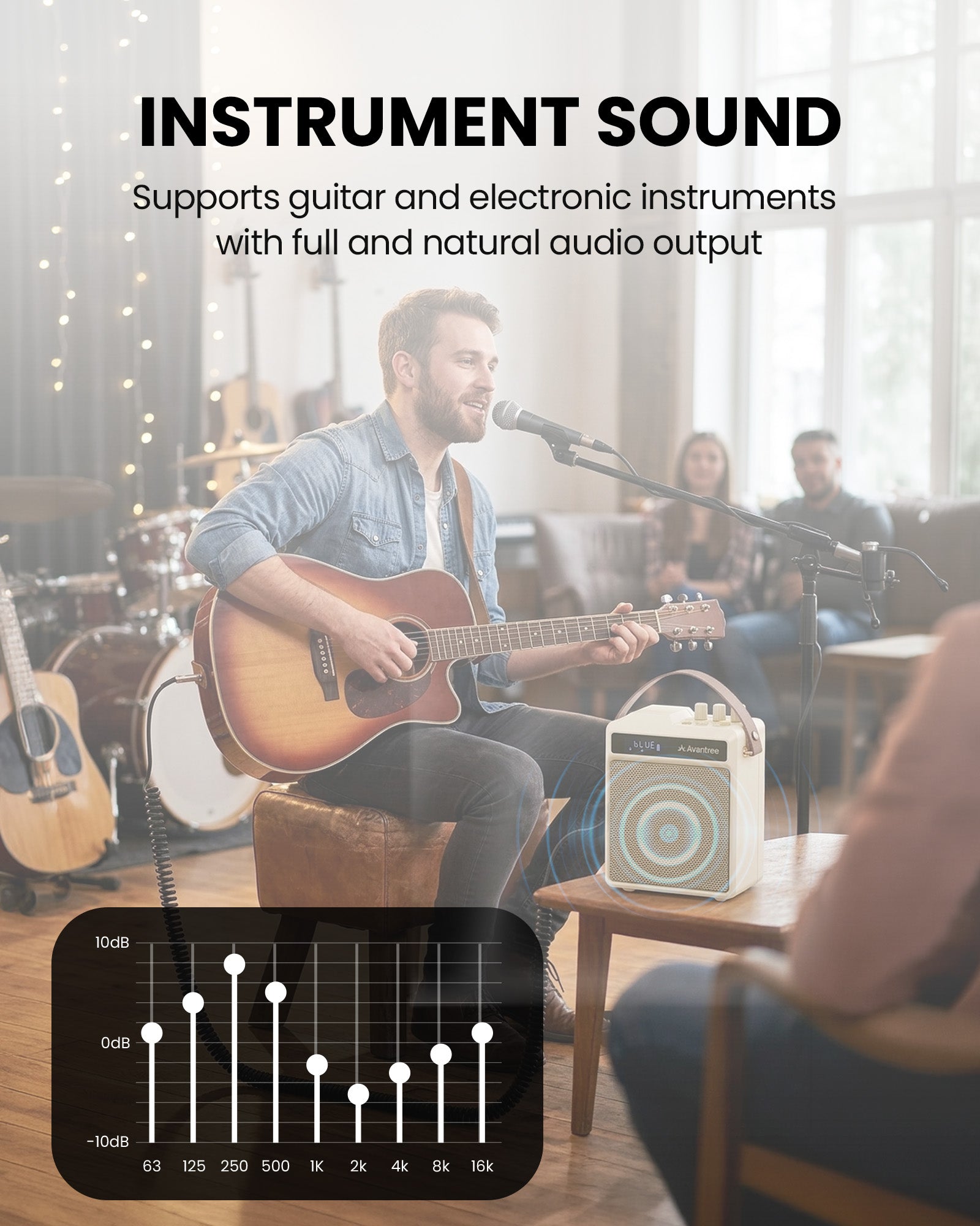 VoxAmp Duo Wireless Speaker with Dual Microphone supports instruments like guitar and electronic instruments with clear, natural audio output.