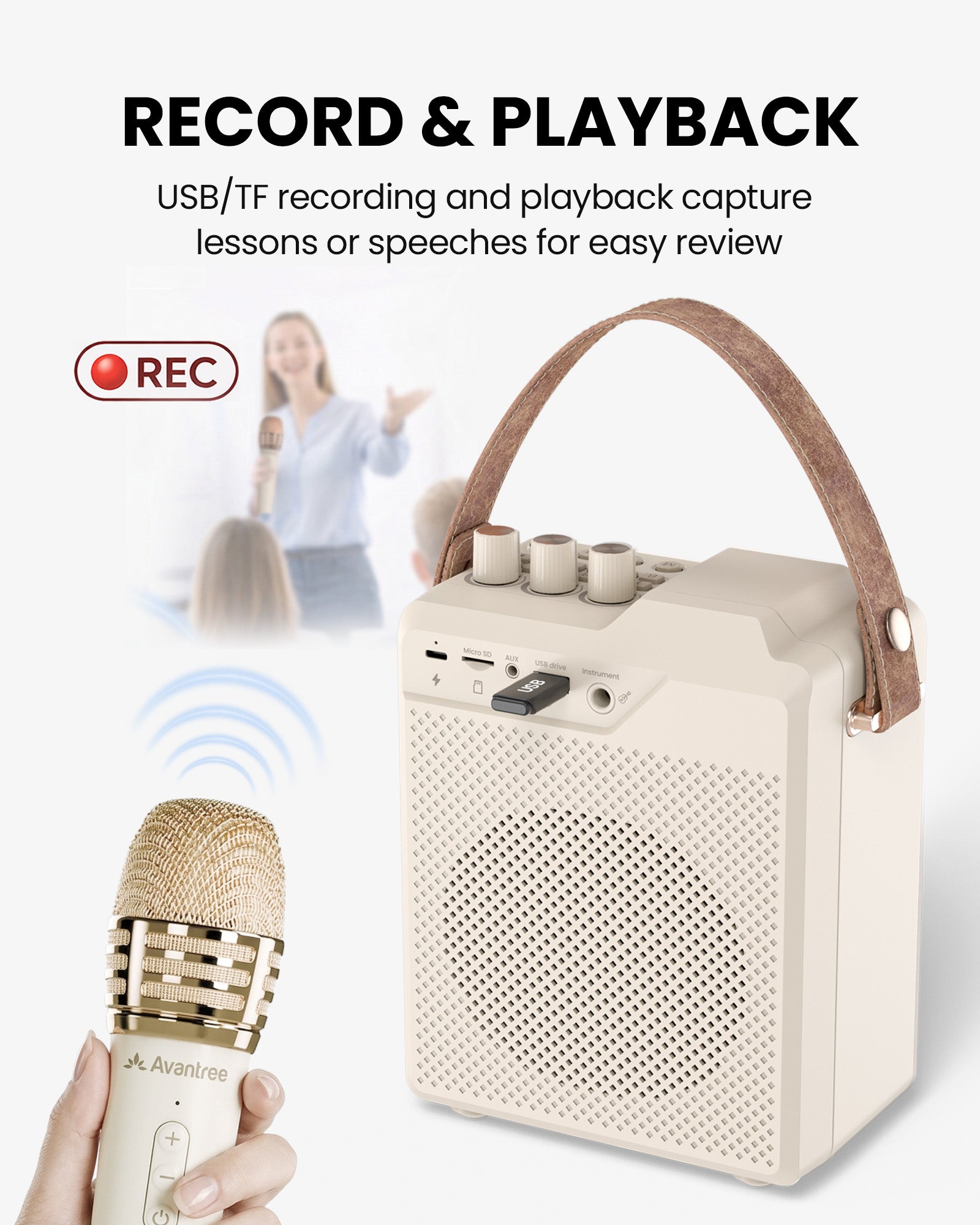VoxAmp Duo Wireless Speaker with Dual Microphone, supports USB/TF recording and playback for lessons, speeches, and presentations.