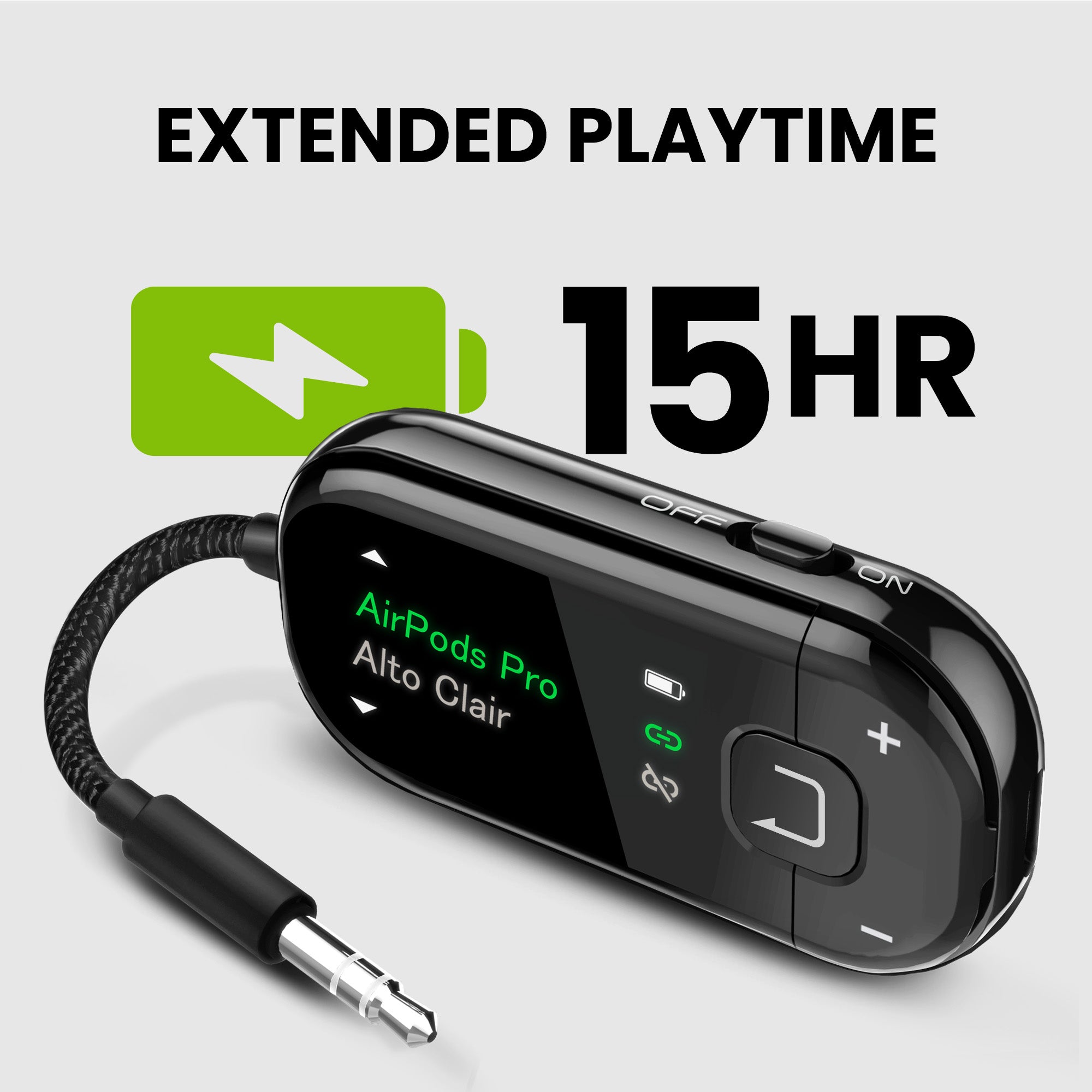 Voyager Bluetooth airplane adapter with OLED screen for Bluetooth and Auracast headphones. Up to 15H of playtime 
