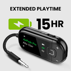 Voyager Bluetooth airplane adapter with OLED screen for Bluetooth and Auracast headphones. Up to 15H of playtime 
