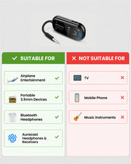 Voyager Bluetooth airplane adapter with OLED screen, supports 3.5 mm audio, Bluetooth headphones, and Auracast headphones and receiver.