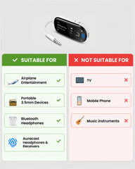 Voyager Bluetooth airplane adapter with OLED screen, supports 3.5 mm audio, Bluetooth headphones, and Auracast headphones and receiver.