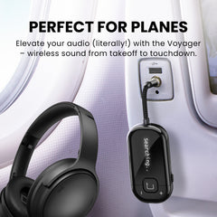 Voyager Bluetooth airplane adapter with OLED screen, supports 3.5 mm audio, Bluetooth headphones, and Auracast headphones and receiver. 