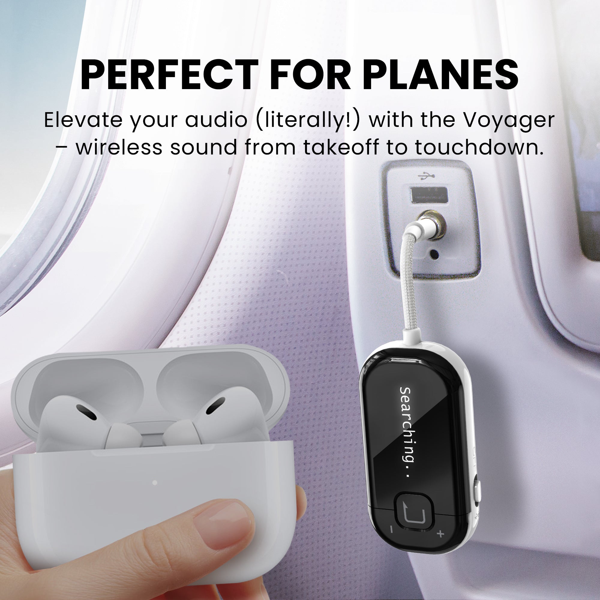 Voyager Bluetooth airplane adapter with OLED screen, supports 3.5 mm audio, Bluetooth headphones, and Auracast headphones and receiver. 
