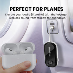 Voyager Bluetooth airplane adapter with OLED screen, supports 3.5 mm audio, Bluetooth headphones, and Auracast headphones and receiver. 