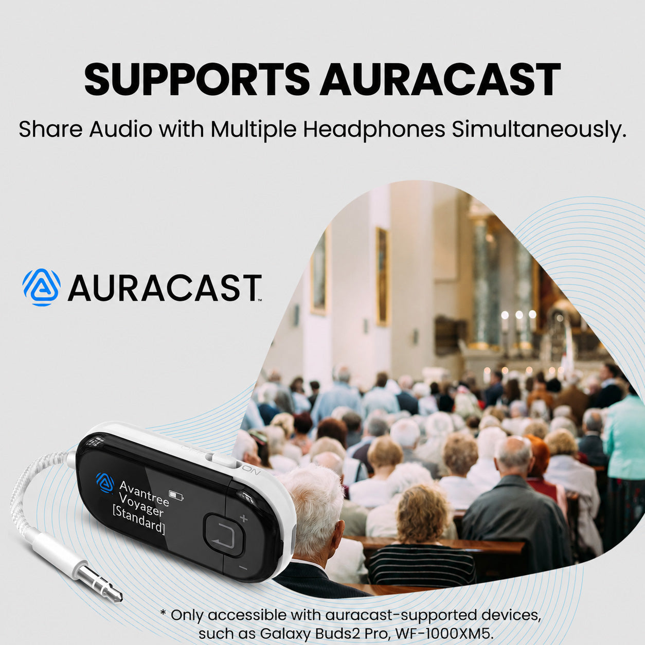 Voyager Bluetooth airplane adapter with OLED screen, pairing multiple Auracast headphones simultaneously, including Galaxy Buds2 Pro and WF-1000XM5.

