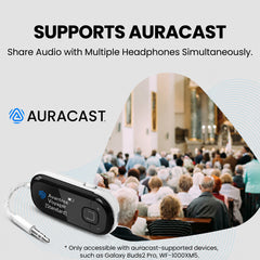 Voyager Bluetooth airplane adapter with OLED screen, pairing multiple Auracast headphones simultaneously, including Galaxy Buds2 Pro and WF-1000XM5.

