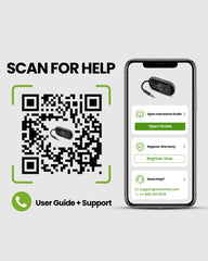 Voyager Bluetooth airplane adapter with OLED screen for Bluetooth and Auracast headphones, plus QR code for easy setup.
