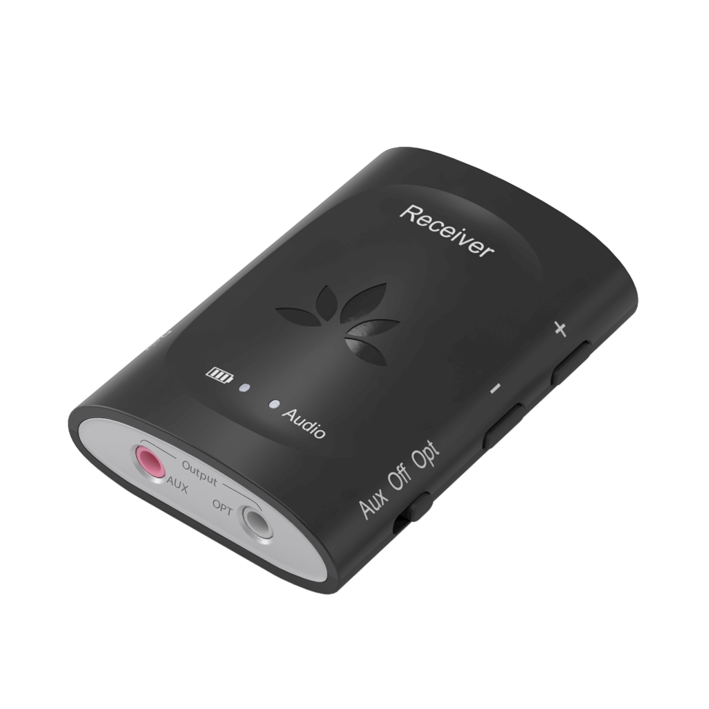 Audiplex 2403S Wireless Transmitter Receiver System, features 3.5mm AUX and optical input, LED indicator, power switch, and independent volume control.
