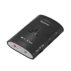 Audiplex 2403S Wireless Transmitter Receiver System, features 3.5mm AUX and optical input, LED indicator, power switch, and independent volume control.