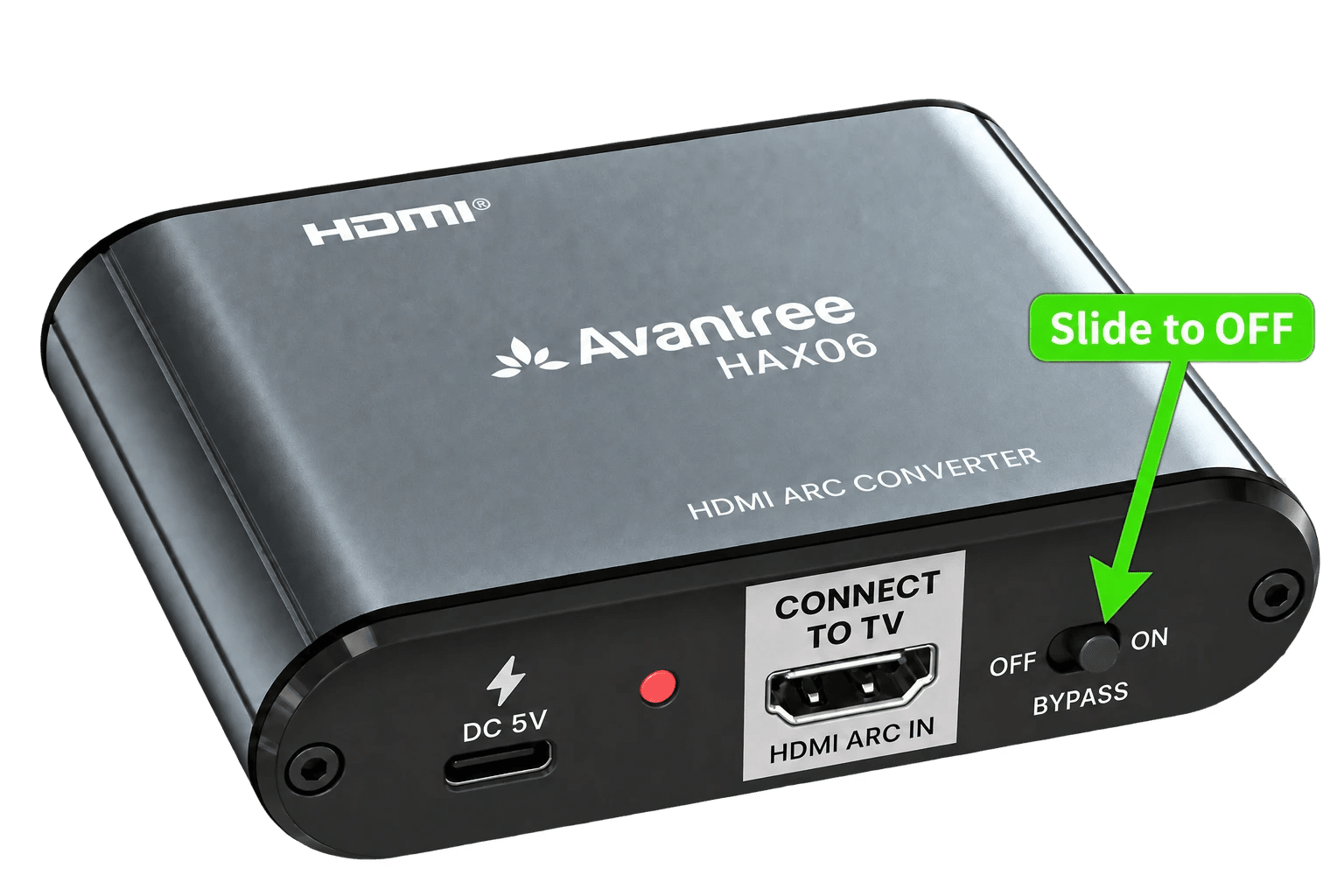 HAX06 Bypass switch with an arrow pointing to the switch and a clear OFF label