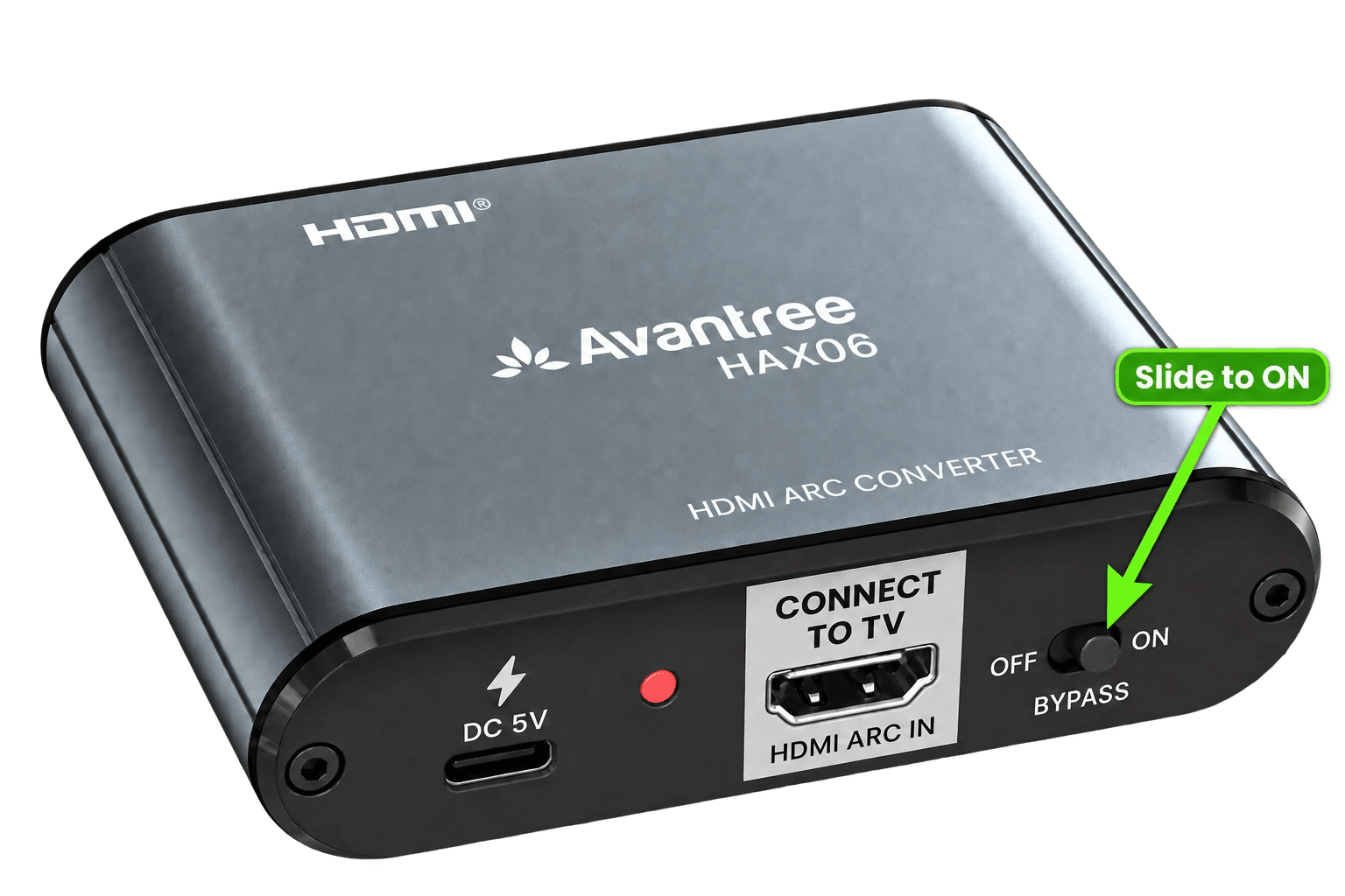 HAX06 Bypass switch with an arrow pointing to the switch and a clear ON label