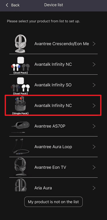 Select Avantalk Infinity NC Single Pack from the Avantalk App device list