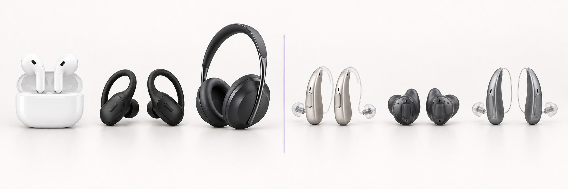 Bluetooth earbuds, Bose 700-style over-ear headphones, and three distinct hearing aid forms representing Oticon More miniBTE, ReSound Custom in-ear, and Starkey Genesis AI RIC examples